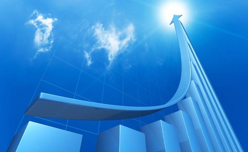 Blue arrow pointing to the sky, signifying growth