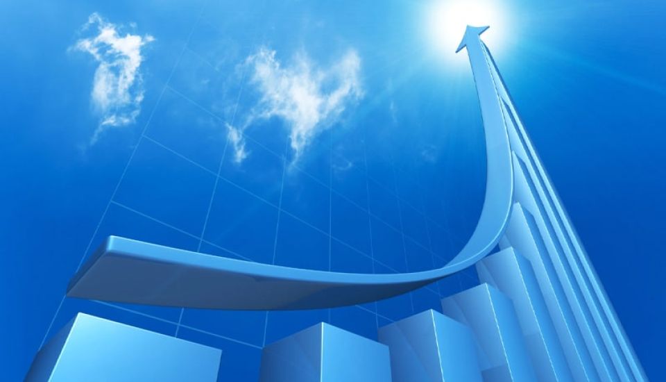 Blue arrow pointing to the sky, signifying growth