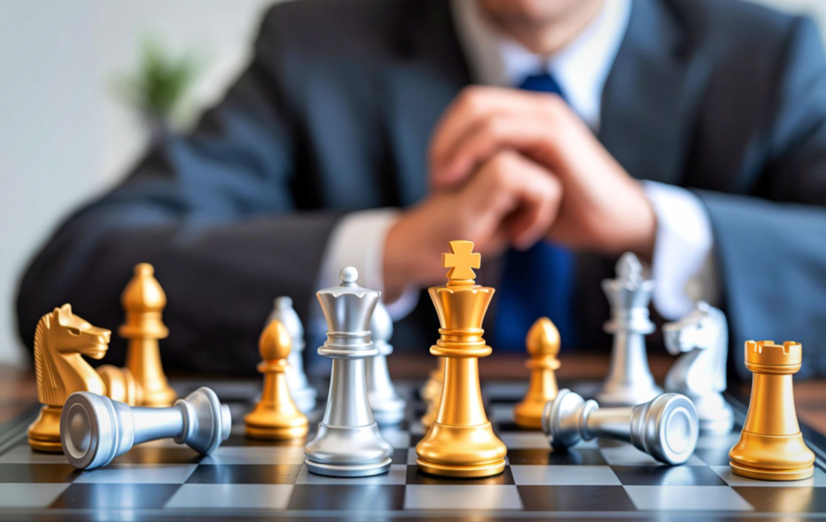 A man in a suit thoughtfully plays chess with gold and silver pieces on a wooden board.
