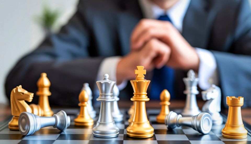 A man in a suit thoughtfully plays chess with gold and silver pieces on a wooden board.